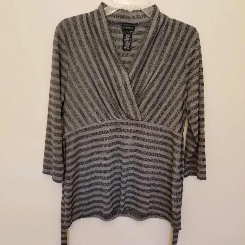 Striped black grey silver top.